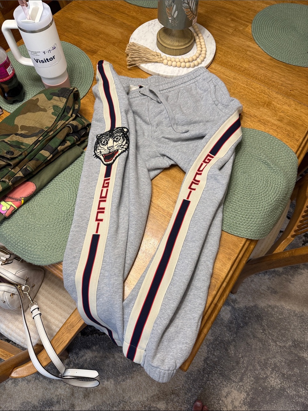 Gucci Men's Track Pants with Stripe Detail and Tiger Patch